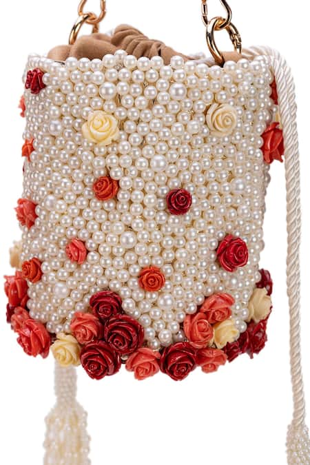 Shop 5elements Off White Pearls, Fabric Flowers Srinika Embroidered Potli Online at Aza Fashions Shop_5elements_Off White Pearls, Fabric Flowers Srinika Embroidered Potli _Online_at_Aza_Fashions