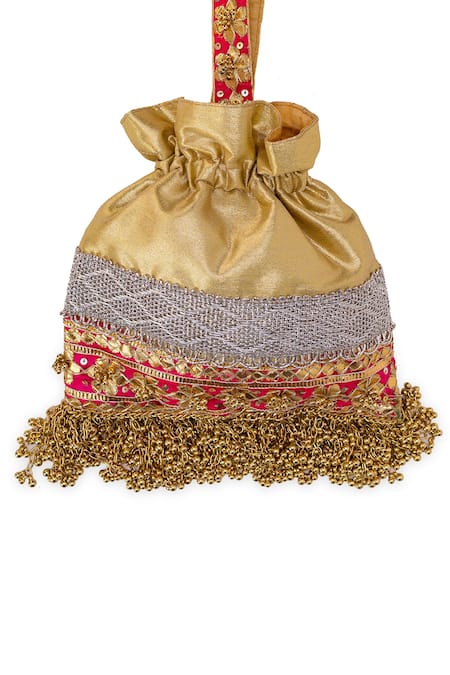 Buy 5elements Gold Embroidery, Tassels, Fringe Prisha Potli Bag Online at Aza Fashions Buy_5elements_Gold Embroidery, Tassels, Fringe Prisha Potli Bag _Online_at_Aza_Fashions