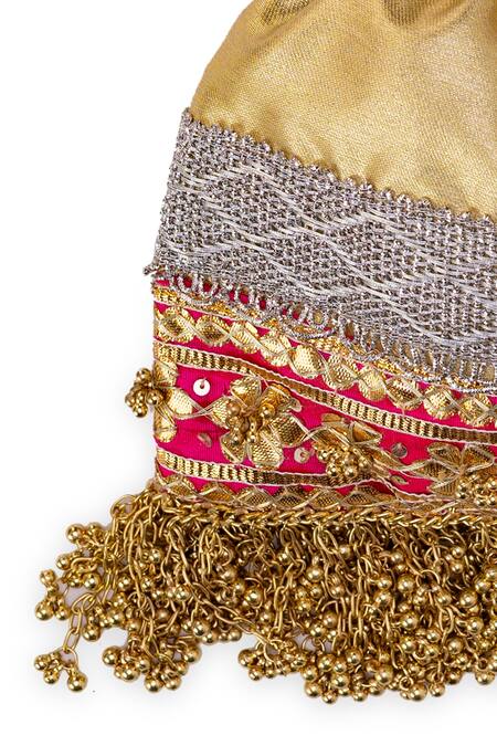 Shop 5elements Gold Embroidery, Tassels, Fringe Prisha Potli Bag Online at Aza Fashions Shop_5elements_Gold Embroidery, Tassels, Fringe Prisha Potli Bag _Online_at_Aza_Fashions