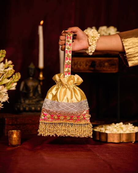 5elements Gold Embroidery, Tassels, Fringe Prisha Potli Bag at Aza Fashions 5elements_Gold Embroidery, Tassels, Fringe Prisha Potli Bag _at_Aza_Fashions