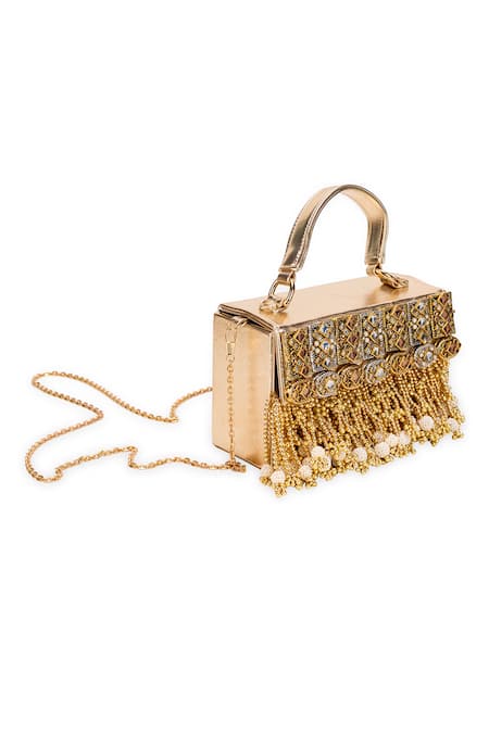 Buy 5elements Gold Embroidery, Beads, Tassels Hritvi Clutch Online at Aza Fashions Buy_5elements_Gold Embroidery, Beads, Tassels Hritvi Clutch _Online_at_Aza_Fashions