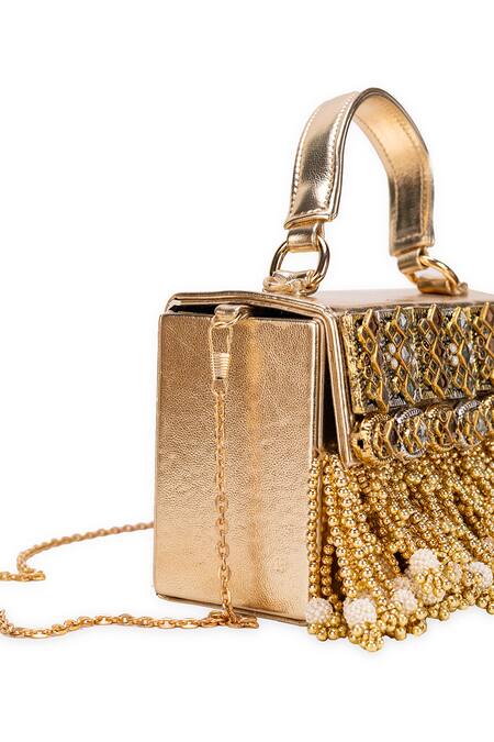 Shop 5elements Gold Embroidery, Beads, Tassels Hritvi Clutch Online at Aza Fashions Shop_5elements_Gold Embroidery, Beads, Tassels Hritvi Clutch _Online_at_Aza_Fashions