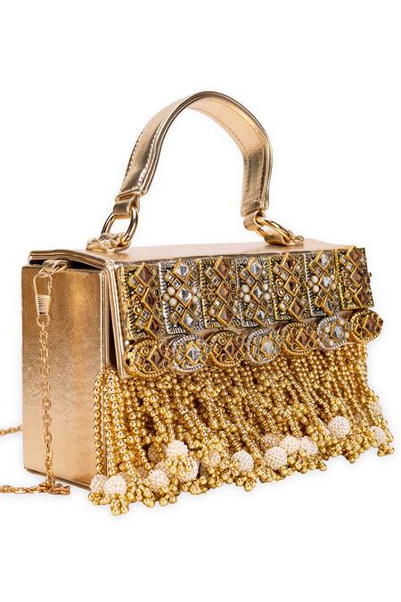 5elements Gold Embroidery, Beads, Tassels Hritvi Clutch at Aza Fashions 5elements_Gold Embroidery, Beads, Tassels Hritvi Clutch _at_Aza_Fashions