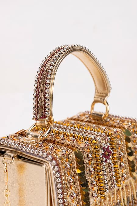 Shop 5elements Gold Sequins, Beads Aadvika Embroidered Clutch Shop_5elements_Gold Sequins, Beads Aadvika Embroidered Clutch
