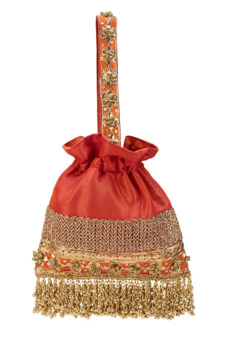 5elements_Orange Embroidery, Beads, Fringe Prisha Potli Bag _Online_at_Aza_Fashions