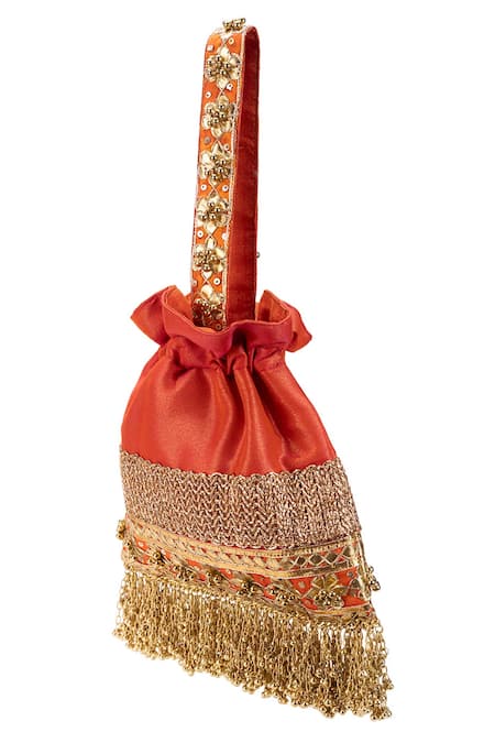 Buy_5elements_Orange Embroidery, Beads, Fringe Prisha Potli Bag _Online_at_Aza_Fashions