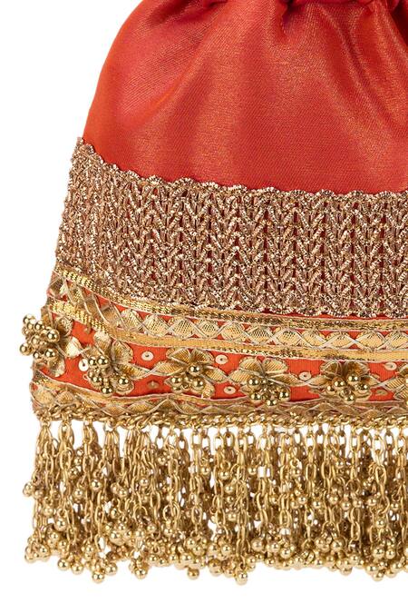 5elements_Orange Embroidery, Beads, Fringe Prisha Potli Bag _at_Aza_Fashions