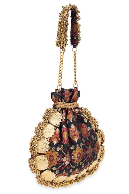 5elements_Black Beads, Tassels Avika Embroidered Potli _at_Aza_Fashions