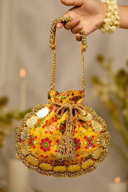 Shop_5elements_Mustard Beads, Tassels Avika Embroidered Potli _Online_at_Aza_Fashions