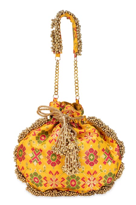 5elements_Mustard Beads, Tassels Avika Embroidered Potli _at_Aza_Fashions