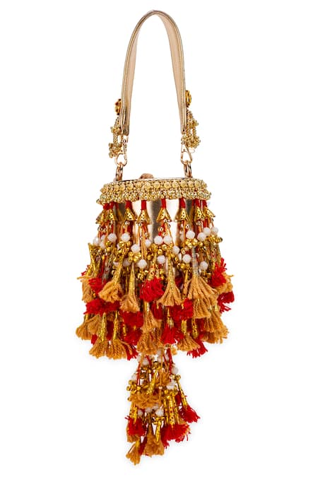 Buy_5elements_Gold Tassels, Beads Advika Embroidered Potli _Online_at_Aza_Fashions