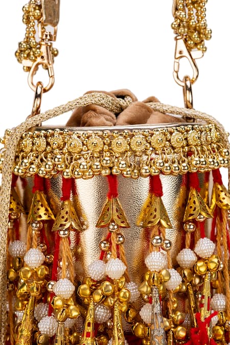 5elements_Gold Tassels, Beads Advika Embroidered Potli _at_Aza_Fashions