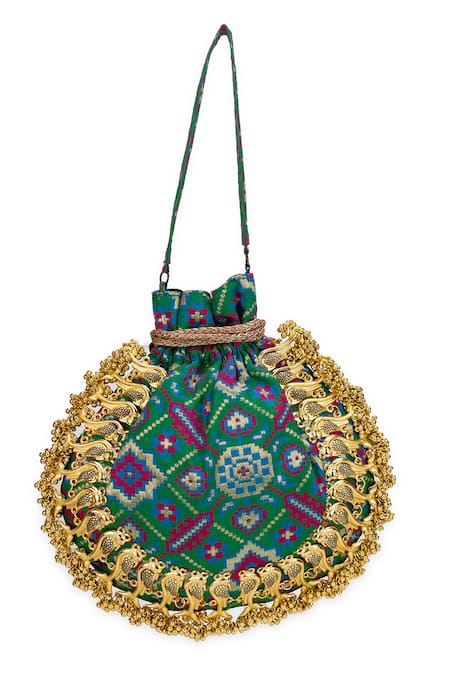 5elements_Green Beads, Studs, Tassels Avika Embroidered Potli _Online_at_Aza_Fashions
