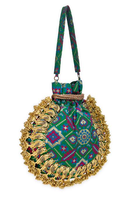 Shop_5elements_Green Beads, Studs, Tassels Avika Embroidered Potli _Online_at_Aza_Fashions