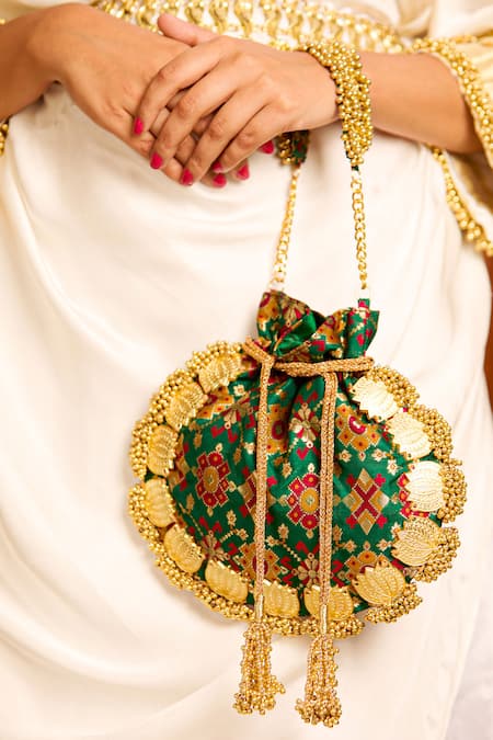 5elements_Green Beads, Studs, Tassels Avika Embroidered Potli _at_Aza_Fashions