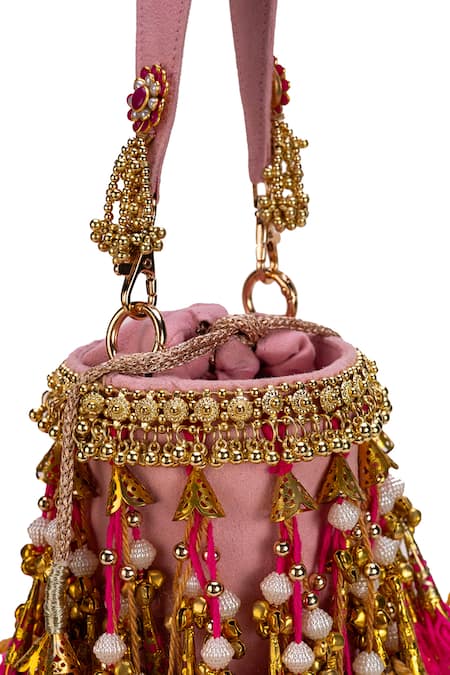 5elements_Pink Tassels, Beads Vihana Embroidered Potli Bag _at_Aza_Fashions
