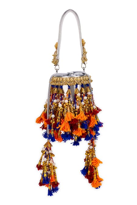 5elements_Orange Tassels, Beads, Zari Aaditri Potli Bag _Online_at_Aza_Fashions