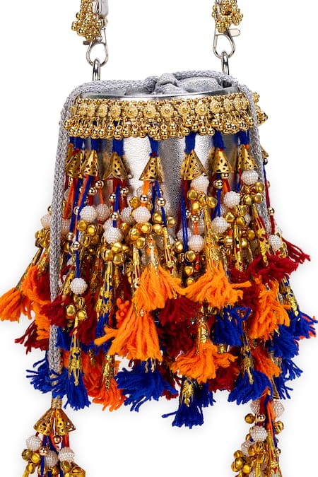 5elements_Orange Tassels, Beads, Zari Aaditri Potli Bag _at_Aza_Fashions