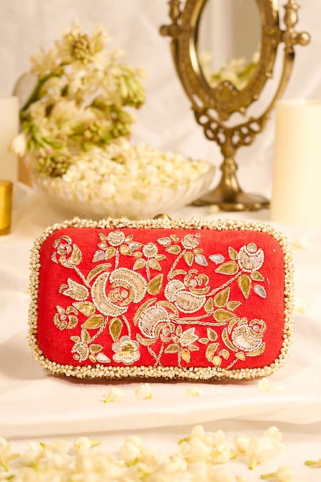 5elements_Red Embroidery, Beads Tavishi Clutch _Online_at_Aza_Fashions
