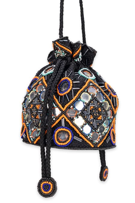 Shop_5elements_Black Beads, Mirrors Devanshi Potli Bag _Online_at_Aza_Fashions