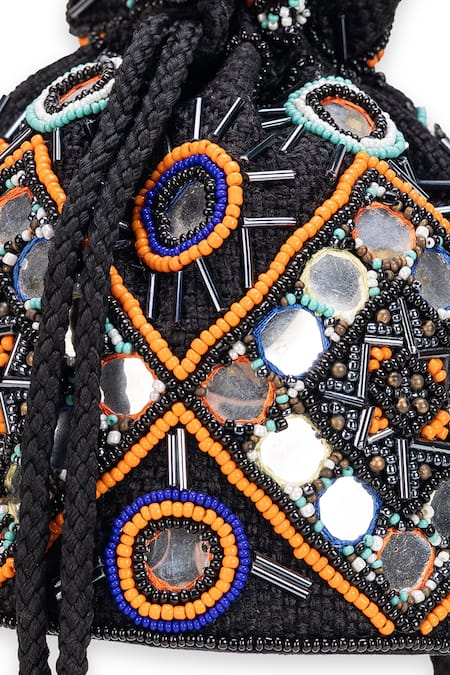 5elements_Black Beads, Mirrors Devanshi Potli Bag _at_Aza_Fashions