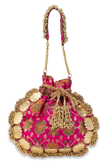 Buy_5elements_Pink Zari, Tassels Avika Embroidered Potli _Online_at_Aza_Fashions