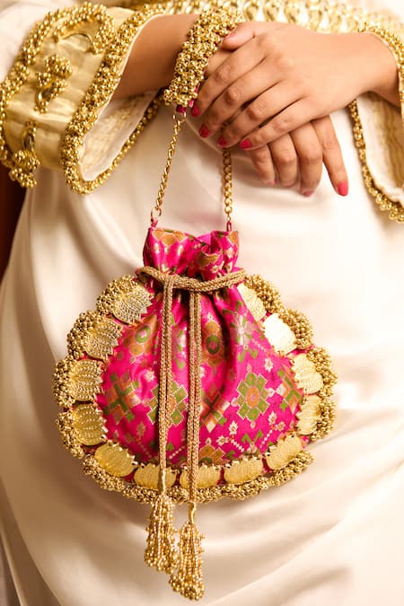 Shop_5elements_Pink Zari, Tassels Avika Embroidered Potli _Online_at_Aza_Fashions