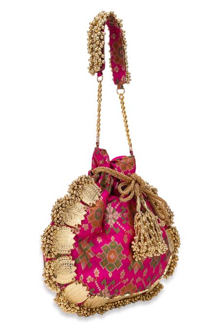 5elements_Pink Zari, Tassels Avika Embroidered Potli _at_Aza_Fashions