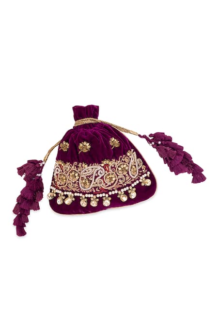 Buy_5elements_Wine Embroidery, Sequins, Pearls Nihira Potli Bag _Online_at_Aza_Fashions