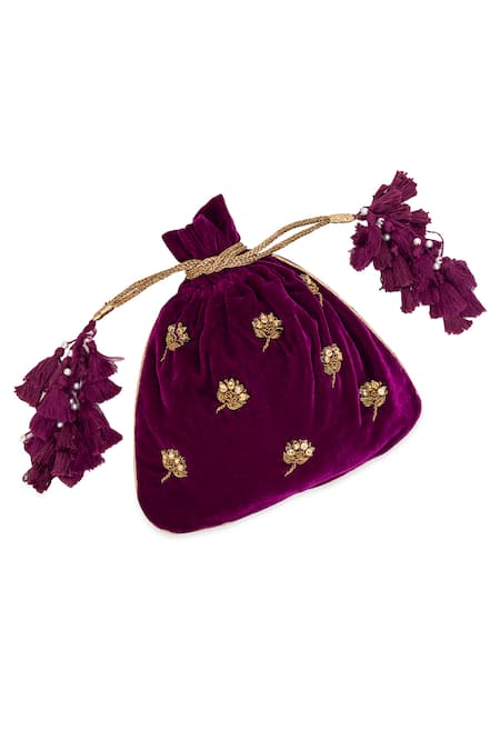 5elements_Wine Embroidery, Sequins, Pearls Nihira Potli Bag _at_Aza_Fashions