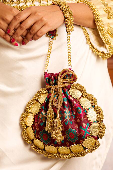 5elements_Wine Beads, Zari Avika Embroidered Potli _Online_at_Aza_Fashions
