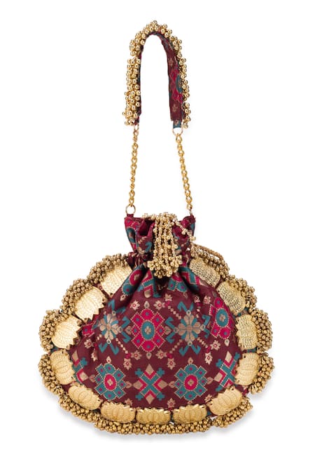 5elements_Wine Beads, Zari Avika Embroidered Potli _at_Aza_Fashions