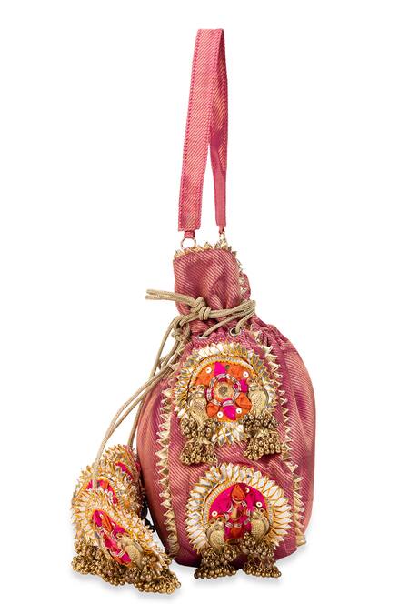5elements_Pink Embroidery, Zari Advita Potli Bag _Online_at_Aza_Fashions