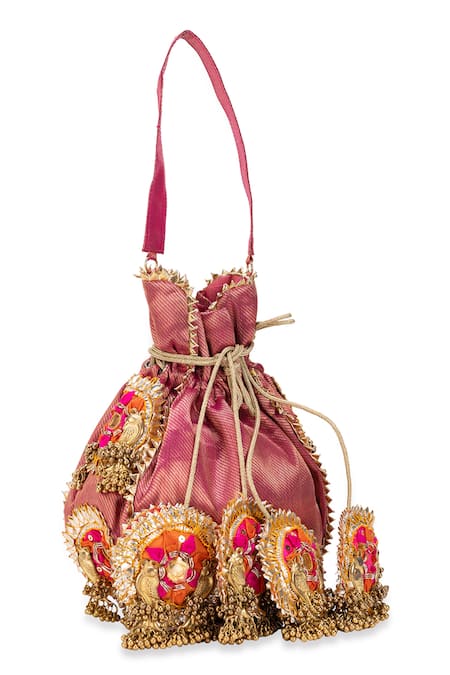 5elements_Pink Embroidery, Zari Advita Potli Bag _at_Aza_Fashions