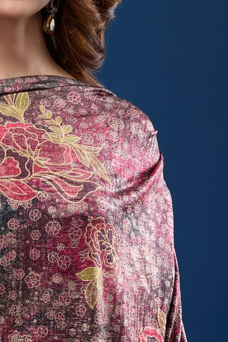 Tarun Tahiliani_Magenta Off-shoulder Floral Pattern Dress_Online_at_Aza_Fashions