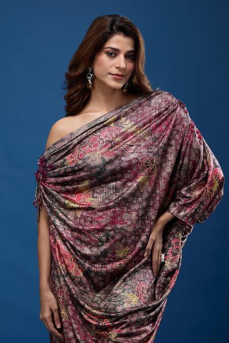 Tarun Tahiliani_Magenta Off-shoulder Floral Pattern Dress_at_Aza_Fashions