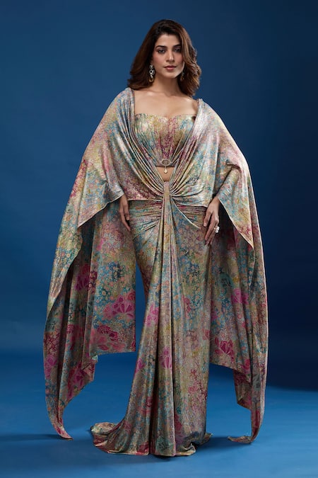 Tarun Tahiliani Multi Color Sweetheart Neck Floral Pattern Concept Saree Set 