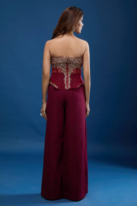 Shop Tarun Tahiliani Wine Sweetheart Neck Embroidered Corset And Trouser Set at Aza Fashions Shop_Tarun Tahiliani_Wine Sweetheart Neck Embroidered Corset And Trouser Set_at_Aza_Fashions