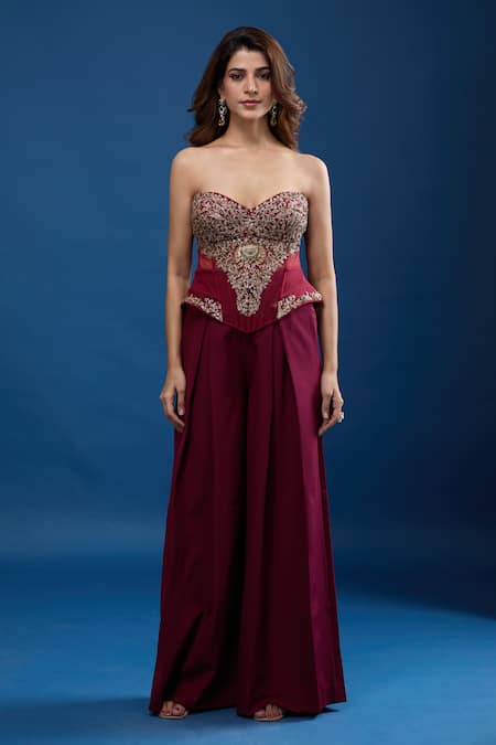 Buy Tarun Tahiliani Wine Sweetheart Neck Embroidered Corset And Trouser Set Online at Aza Fashions Buy_Tarun Tahiliani_Wine Sweetheart Neck Embroidered Corset And Trouser Set_Online_at_Aza_Fashions