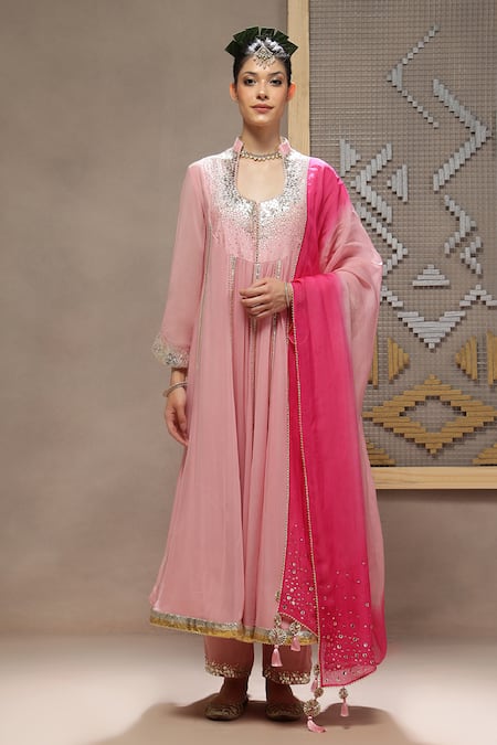 Kyra By Bhavna Pink Viscose, Georgette, Crepe, Organza Gota Patti, Bareblush Anarkali Set 