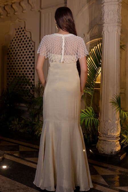 Farha Syed Ivory Beige Fishcut Gown & Cape Set 