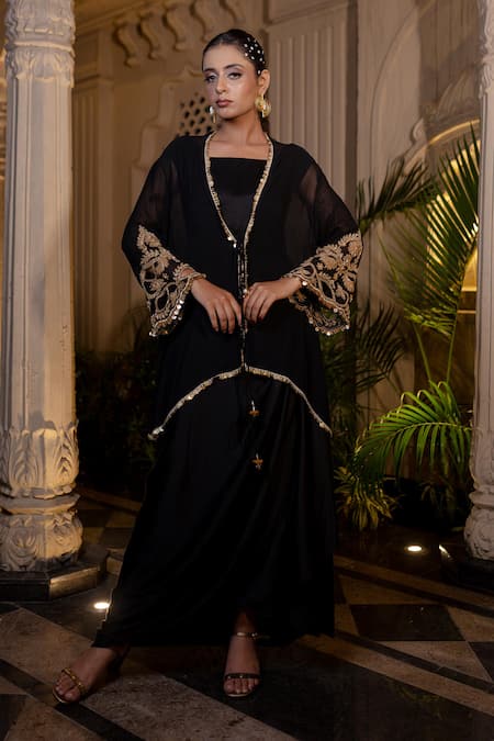 Farha Syed Black Satin, Georgette Embroidery Round , Open Draped Gown And Jacket Set 