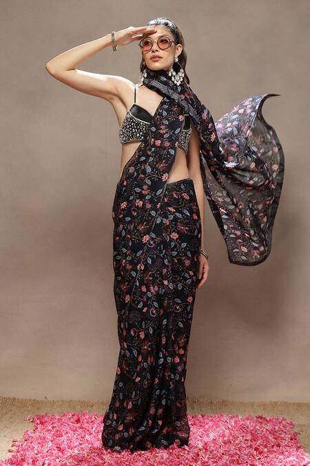 Shop_Kyra By Bhavna_Black Viscose, Organza, Silk Cut Work, Sequins, Ash Petal Saree With Bralette _Online_at_Aza_Fashions