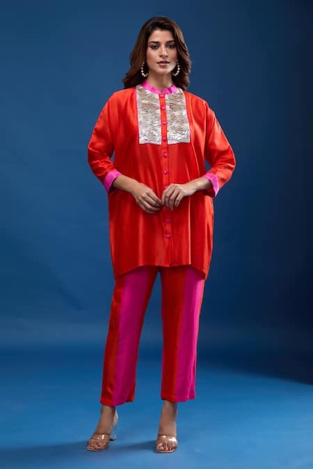 Archana Shah Pink Embroidery Collared Short Kaftan With Striped Pant 
