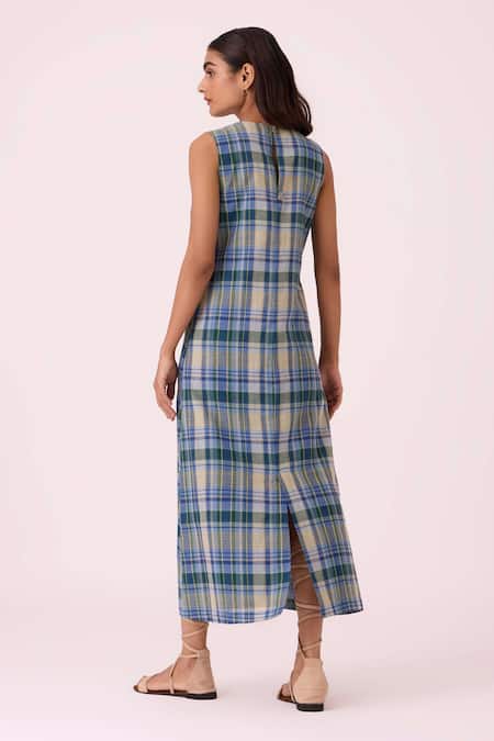 Shop The Summer House Blue Cotton Crew Neck Julia Handwoven Dress at Aza Fashions Shop_The Summer House_Blue Cotton Crew Neck Julia Handwoven Dress _at_Aza_Fashions
