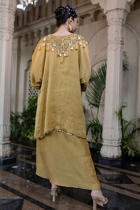 Shop Farha Syed Yellow Chiffon, Tissue Mirrors, Pearls, Cut Work Hand Embroidered Kaftan Set at Aza Fashions Shop_Farha Syed_Yellow Chiffon, Tissue Mirrors, Pearls, Cut Work Hand Embroidered Kaftan Set _at_Aza_Fashions