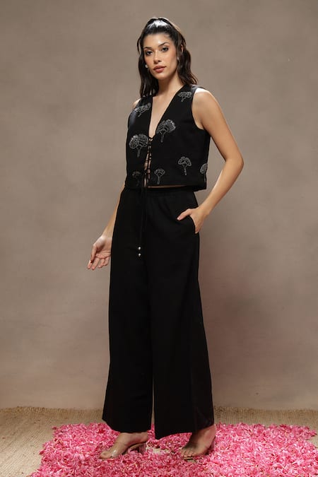 Kyra By Bhavna Black Cotton, Linen Cut Work V-neck Tulip Jacket Set 