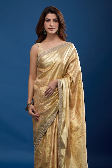 Buy_Tarun Tahiliani_Gold Zari Floral Pattern Saree With Unstitched Blouse Piece _Online_at_Aza_Fashions