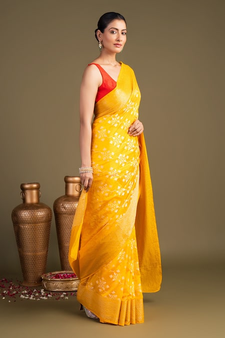 Zal From Benaras Yellow Silk Pure Banarasi Handloom Saree With Unstitched Blouse Piece at Aza Fashions Zal From Benaras_Yellow Silk Pure Banarasi Handloom Saree With Unstitched Blouse Piece _at_Aza_Fashions