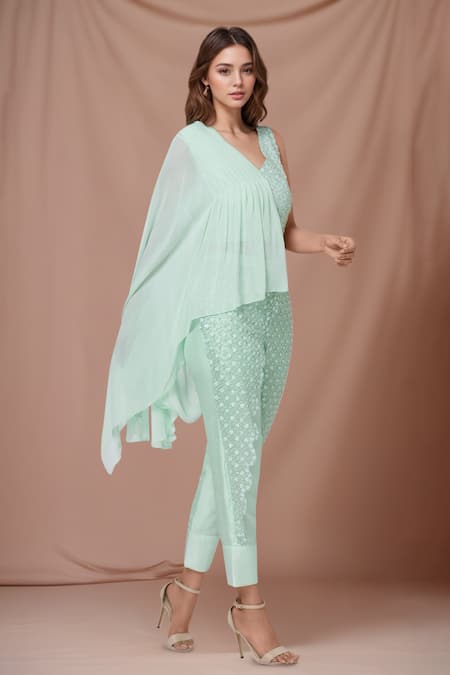 Aariyana Couture Green Georgette, Silk Sequins, Embroidery V-neck Top Pant Set 